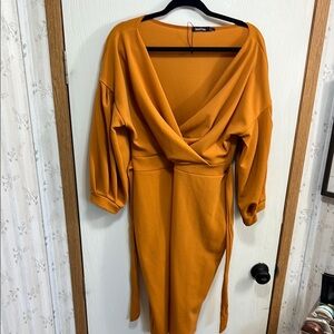 Boohoo Yellow Orange Sheath Dress with Plunge Neckline